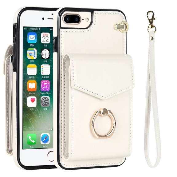 for iPhone 8 Plus / iPhone 7 Plus Wallet Case, RFID Blocking Card Slots Magnetic Button Case Glossy PU Leather Finger Ring Holder Kickstand Wrist Strap Handbag Cover,White