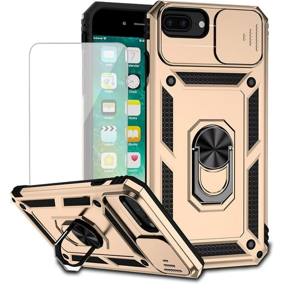 for iPhone 8 Plus/iPhone 7 Plus/iPhone 6 Plus/6S Plus Case with Tempered Glass Screen Protector and Slide Camera Cover, Magnetic Ring Car Mount Holder Protective Cover for iPhone 7 Plus Gold