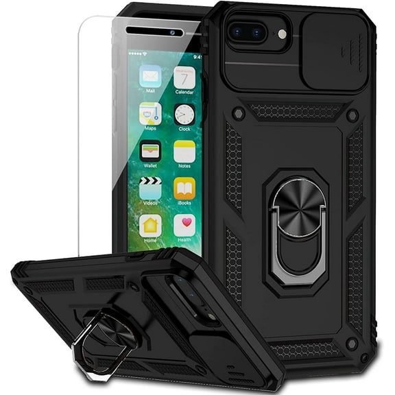 for iPhone 8 Plus / iPhone 7 Plus / iPhone 6 Plus Case, 15 ft Military Grade Drop Protection Magnetic Ring Holder Kickstand Protective Phone Case (Black)