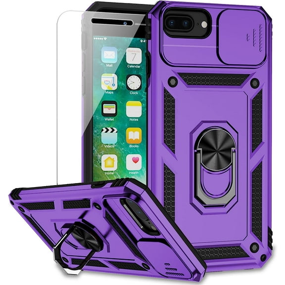 for iPhone 8 Plus / iPhone 7 Plus / iPhone 6 Plus Case with Camera Lens Cover HD Screen Protector, 15 ft Grade Drop Protection Ring Holder Kickstand Protective Phone Case (Purple)