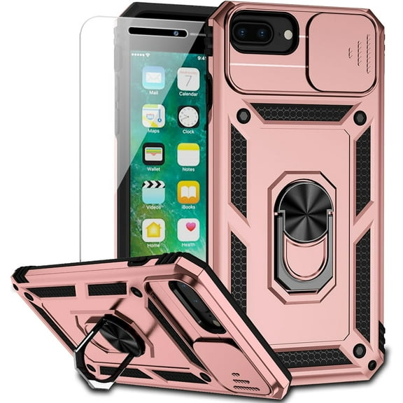 for iPhone 8 Plus / iPhone 7 Plus / iPhone 6 Plus Case with Camera Lens Cover HD Screen Protector, 15 ft Military Grade Drop Protection Magnetic Ring Holder Kickstand Protective Phone Case (Rose Gold)