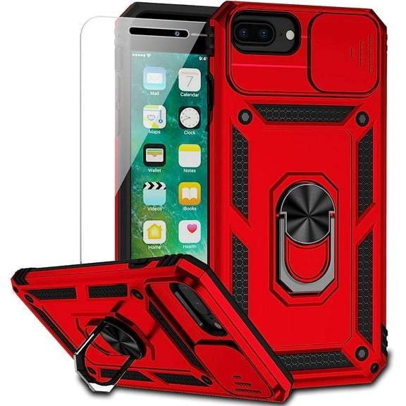 for iPhone 8 Plus / iPhone 7 Plus / iPhone 6 Plus Case with Camera Lens Cover HD Screen Protector, 15 ft Military Grade Drop Protection Magnetic Ring Holder Kickstand Protective Phone Case (Red)