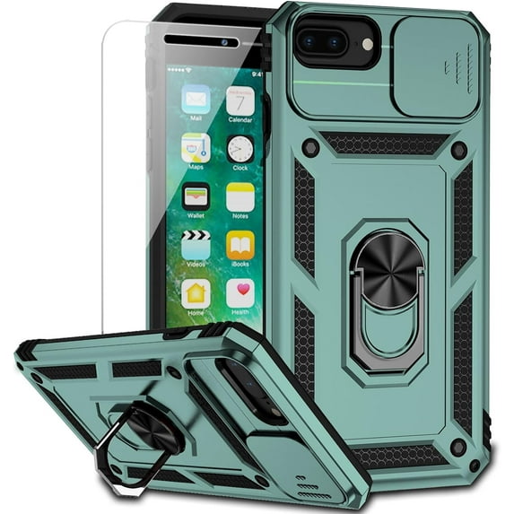 for iPhone 8 Plus / iPhone 7 Plus / iPhone 6 Plus Case with Camera Lens Cover Screen Protector, 15 ft Grade Drop Protection Ring Holder Kickstand Protective Phone Case (Dark Green)