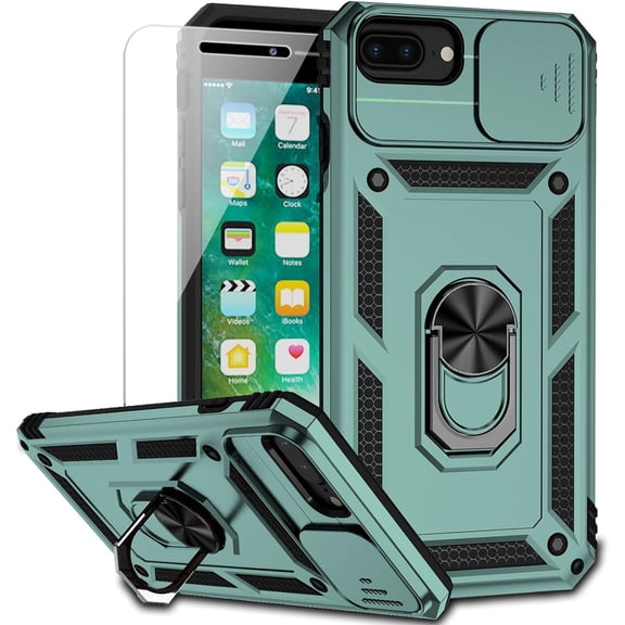 for iPhone 8 Plus / iPhone 7 Plus / iPhone 6 Plus Case with Camera Lens Cover Screen Protector, 15 ft Grade Drop Protection Ring Holder Kickstand Protective Phone Case (Dark Green)
