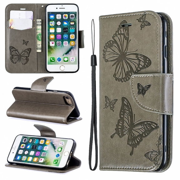 iPhone 8 Wallet Case, iPhone 7 Case, Dteck Embossed Butterfly Flip PU Leather Stand Card Slots Case Cover with Hand Strap For iPhone 8/ iPhone 7, Gray