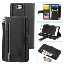 iPhone 8 Wallet Case, iPhone 7 Case, Dteck Matte PU Leather Case Built-in 9 Card Slots Zipper Purse Flip Cover With Hand Strap, Black