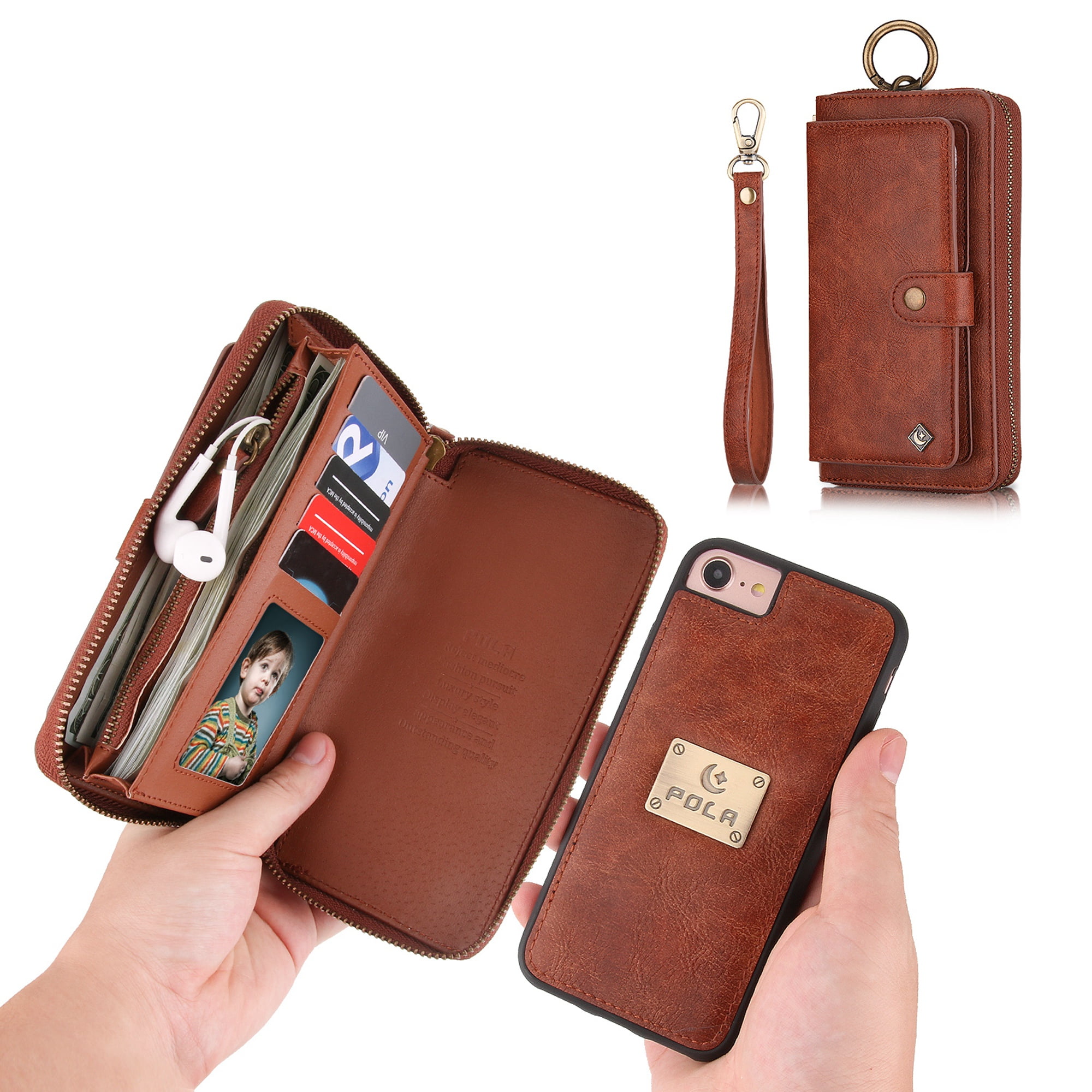 iPhone 8 Wallet Detachable Case, iPhone 7 Case, Dteck [wrist band & metal buckle & 14 Card Slots] Zipper Purse Phone Case Multi-function Folio Flip Weave PU Leather Removable Magnetic Back Cover,Brown