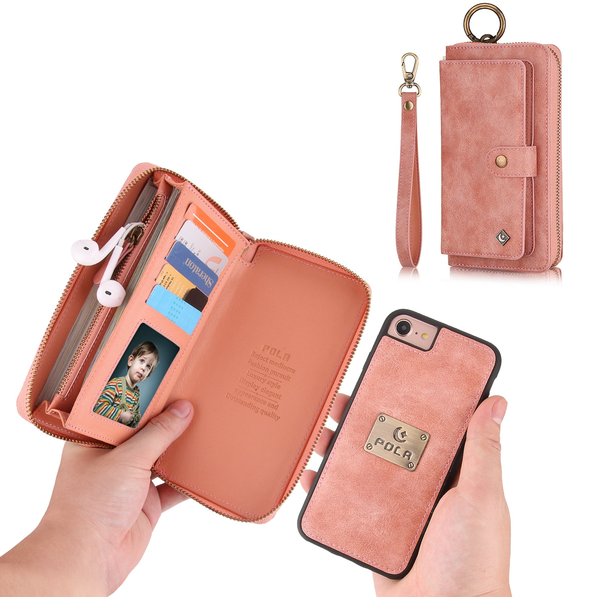 iPhone 8 Wallet Detachable Case, iPhone 7 Case, Dteck [wrist band & metal buckle & 14 Card Slots] Zipper Purse Phone Case Multi-function Folio Flip Weave PU Leather Removable Magnetic Back Cover, Pink