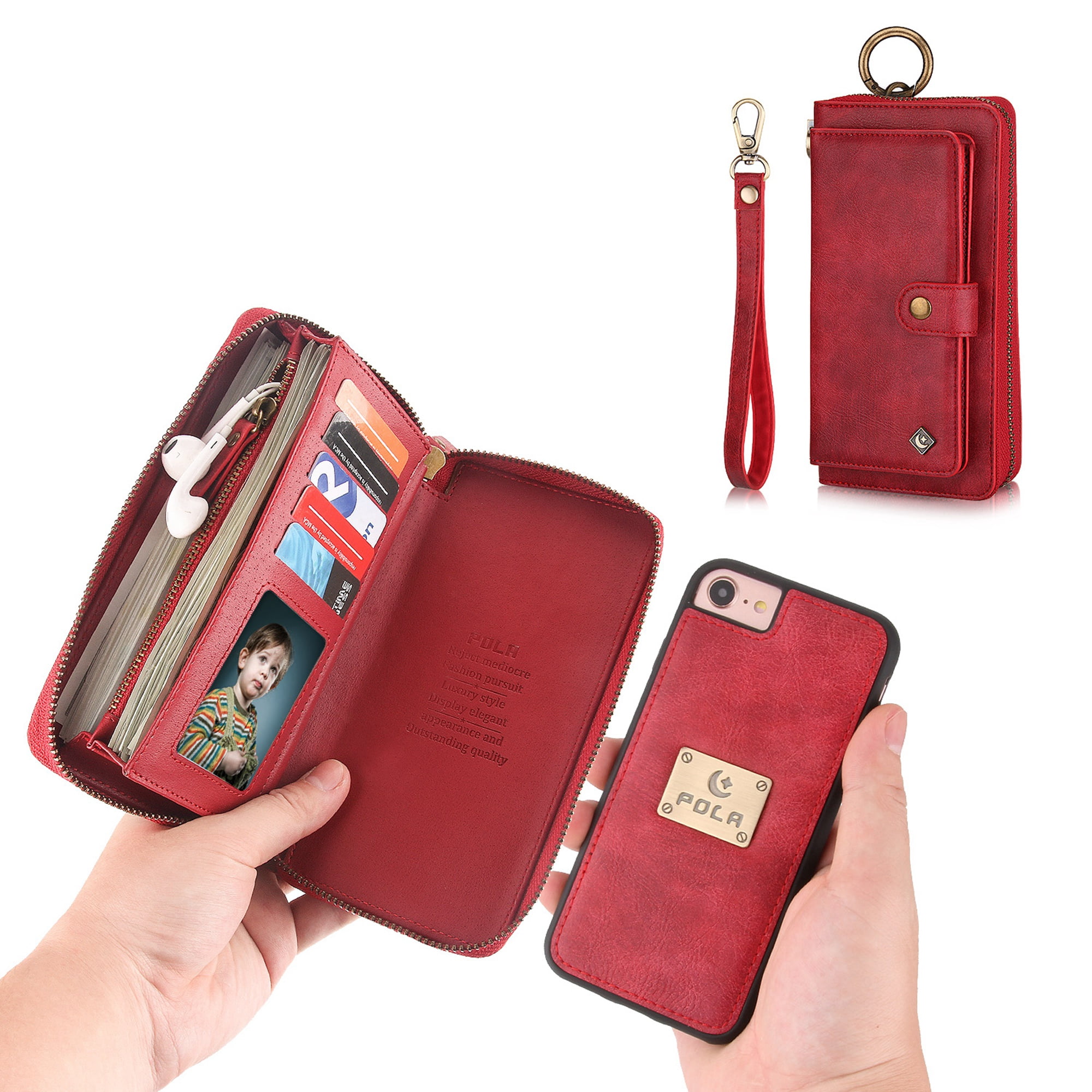 iPhone 8 Wallet Detachable Case, iPhone 7 Case, Dteck [wrist band & metal buckle & 14 Card Slots] Zipper Purse Phone Case Multi-function Folio Flip Weave PU Leather Removable Magnetic Back Cover, Red