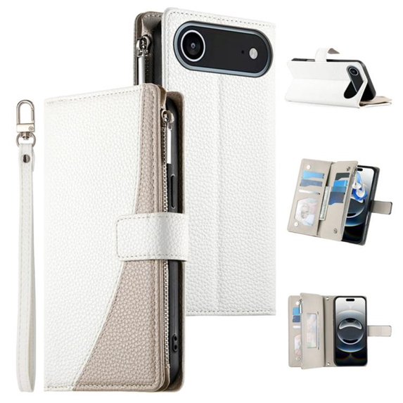 For iPhone Air 6.5" Splicing Multi Card Slots/Pocket Zipper Wallet Strong Magnetic Attachment/Closure, PU Leather Flip Wallet Case With Hanging Rope,White,For iPhone Air