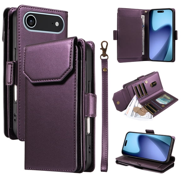 for iPhone Air Case with 11 Card Slots & 2 Cash Pockets for Woman Man,PU Leather Flip Kickstand Folio [RFID Blocking] Wallet Case, Wrist Strap Magnetic Clasp Protective Cover,Purple