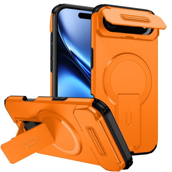 for iPhone Air Case with Camera Sliding Cover & Adjustable Kickstand, Magnetic Wireless Charging Rugged Shockproof Bumper Cases Heavy-Duty Magnetic Protective Phone Cover, Orange