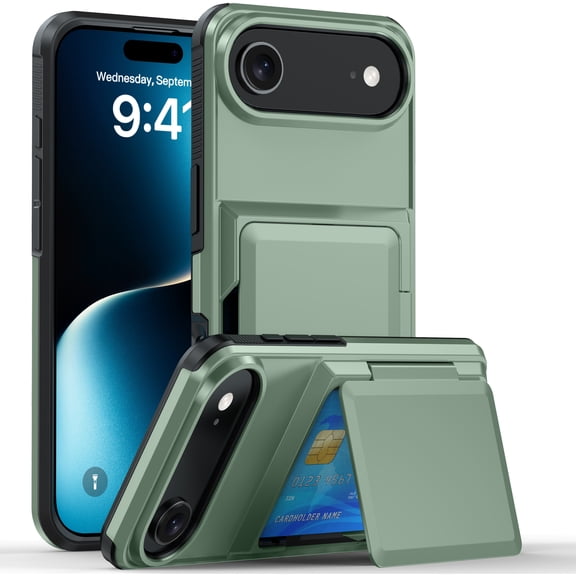 For iPhone Air Case with Card Holder Heavy Duty Protective Kickstand Dual Layer Shockproof Hidden Card Slot Slim Wallet Military Protection Rugged Case for iPhone Air,Lightgreen