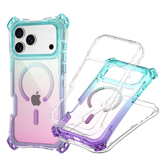 for iPhone Air Case, Gradient Color Clear PC+TPU Shock-Resistant Anti-Scratch Lightweight Non-Slip Magnetic Drop Protective Slim Thin Cover with Wrist Strap + Shoulder Strap, Bluepurple
