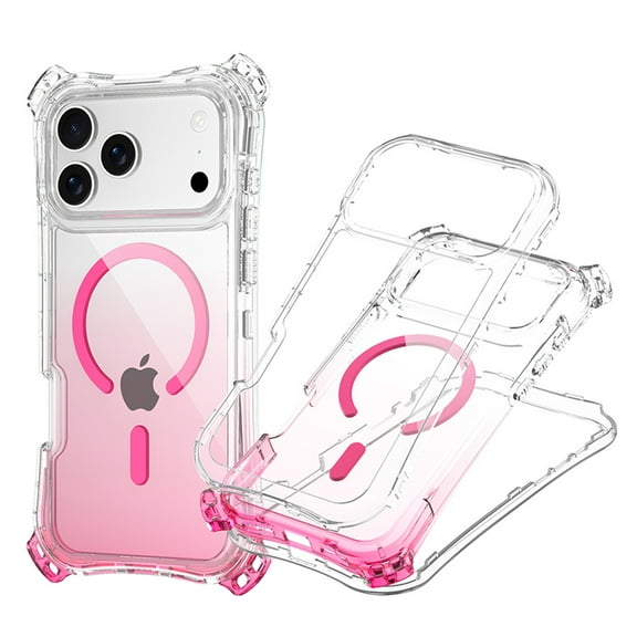 for iPhone Air Case, Gradient Color Clear PC+TPU Shock-Resistant Anti-Scratch Lightweight Non-Slip Magnetic Drop Protective Slim Thin Cover with Wrist Strap + Shoulder Strap, Pink