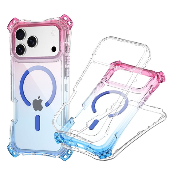 for iPhone Air Case, Gradient Color Clear PC+TPU Shock-Resistant Anti-Scratch Lightweight Non-Slip Magnetic Drop Protective Slim Thin Cover with Wrist Strap + Shoulder Strap, Pinkblue