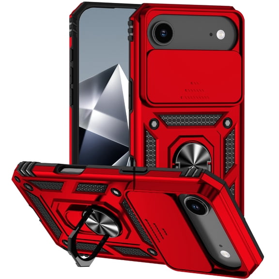 For iPhone Air Case Heavy Duty Military Grade Protection,Camera Lens Slide Protection & 360°Rotate Magnetic Car Mount Holder Kickstand Rugged Shockproof Drop Hard Shell,Red