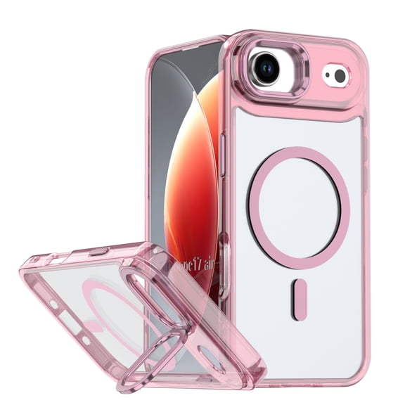 For iPhone Air Case, Magnetic Clear Case with Lens Kickstand, Full-Body Shockproof Protective Crystal Cover, Compatible with MagSafe, Anti-Yellowing Transparent Phone Cover,Pink