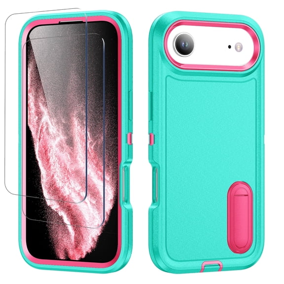 For iPhone Air Case,Military Grade Dual Layer Cover,With 2X Screen Glass Protector Film,Kickstand Dustproof Drop Proof Protective Phone Case Shell for iPhone 17 Air"(Light Blue/Pink)