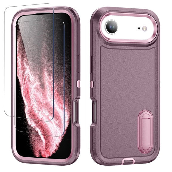 For iPhone Air Case,Military Grade Dual Layer Cover,With 2X Screen Glass Protector Film,Kickstand Dustproof Drop Proof Protective Phone Case Shell for iPhone 17 Air"(Purple/Pink)