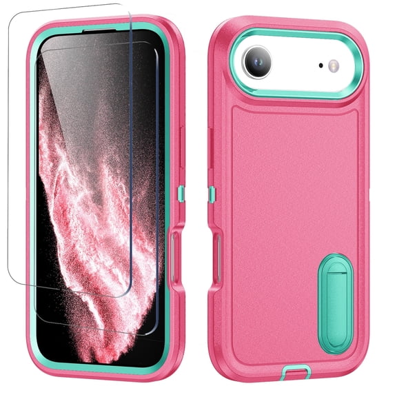 For iPhone Air Case,Military Grade Dual Layer Cover,With 2X Screen Glass Protector Film,Kickstand Dustproof Drop Proof Protective Phone Case Shell for iPhone 17 Air"(Pink/Blue)