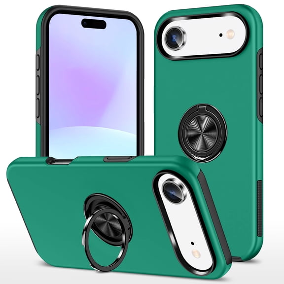 for iPhone Air Case with Ring Stand, 360° Rotatable Ring Holder Magnetic Kickstand, 2-Layer Heavy Duty Shockproof Rugged Hybrid Hard PC Soft Rubber Case for iPhone Air, Darkgreen