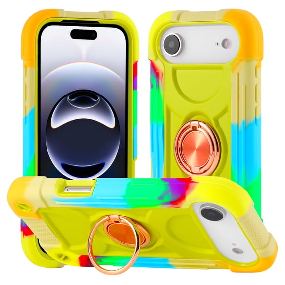 for iPhone Air Case with Ring Stand, Heavy Duty Military Grade Rugged Shockproof Silicone Rubber Magnetic Kickstand Holder Case for Women Girls For iPhone Air, Colorful Yellow Green