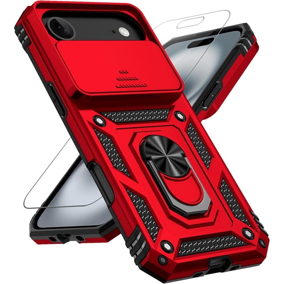 for iPhone Air Case, with Slide Camera Cover HD Screen Protector [Military Grade 16ft. Drop Tested] Ring Holder Kickstand Protective Phone Case for Apple iPhone Air 2025, Red