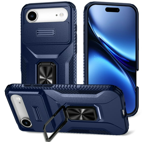 for iPhone Air Case with Sliding Camera Cover & Kickstand, 360° Rotate Metal Ring Bracket Impact-Resistant Shockproof Drop Protective Hand Grip, Support Magnetic Car Mount Case - Blue