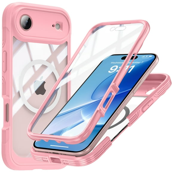 for iPhone Air Case, Support Magnetic Wireless Charger Full-Body Protection Shockproof Rugged Clear Bumper Frame Case Cover with Built-in Screen Protector for iPhone Air, Pink