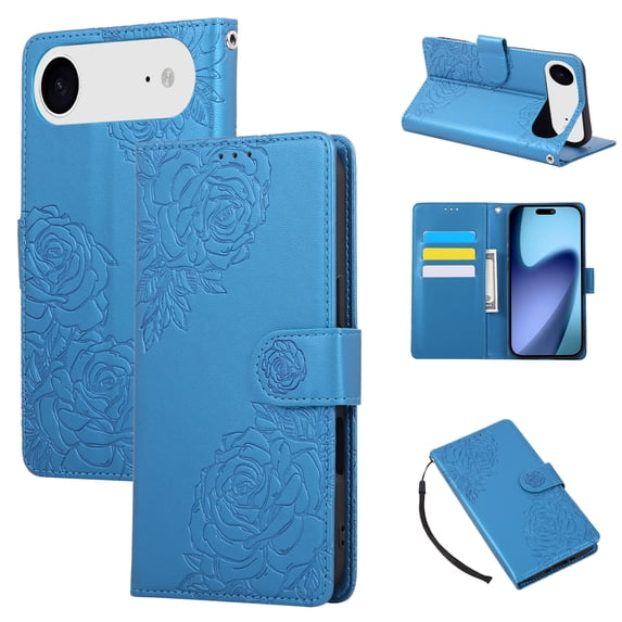 for iPhone Air Case Wallet with Floral Embossed Design, Premium PU Leather + TPU, Card Slots Kickstand Magnetic Clasp Wrist Strap Shockproof Full Body Cover for iPhone Air, Blue