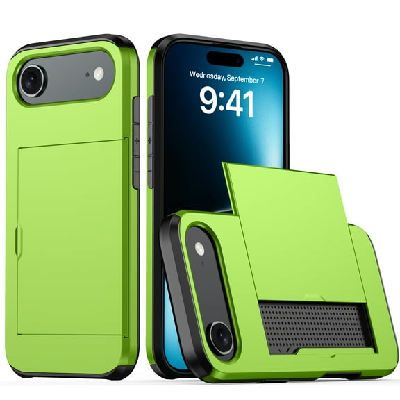 For iPhone Air Case Wallet with Slide Hidden Card Holder Slot Slim Dual Layer Heavy Duty Shockproof Hard PC Hybrid TPU Phone Case Kickstand Protective Cover,Green