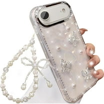 for iPhone Air Case with Wrist Strap Lanyard Luxury Sparkle Sparkly Shiny 3D Bling Glitter Crystal Rhinestone Diamond Butterfly Pearl Cover for Women Girls Phone Case 6.5 inch