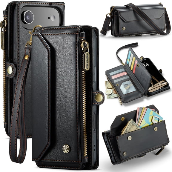 for iPhone Air Full Body Protection Wallet Folio Flip Case, Shoulder Strap & Wristlet Card Slots Zipper Pocket RFID Blocking Rugged Durable PU Leather Phone Case Cover, Black
