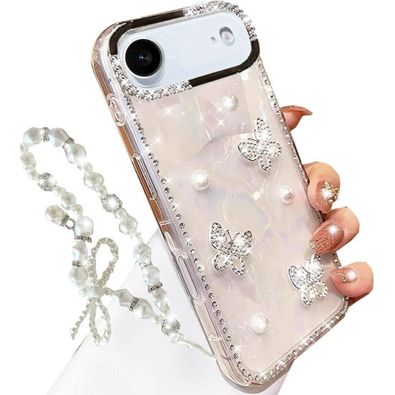 for iPhone Air Glitter Butterfly Case, Cute Girly 3D Pearl Crystal Diamond Bling Sparkle Shiny with Wrist Strap Chain Soft TPU Aesthetic Women Girls Phone Cover for iPhone 17 Air 6.5", White