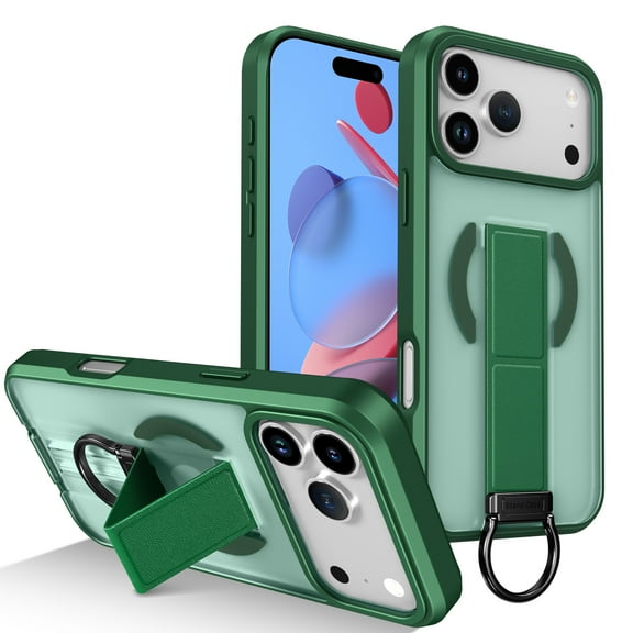 for iPhone Air Magnetic PU Leather TPU Case Stand Bracket Ring Hand Strap, Compatible with MagSafe, Luxury Shockproof Slim Translucent Frosted Phone Case for iPhone Air, Green