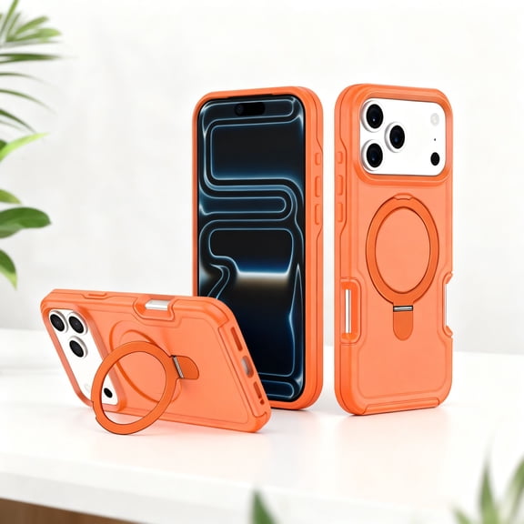 For iPhone Air Magnetic Phone Case,Compatible with Mag-Safe,Heavy Duty Rugged Shockproof Anti-fall Drop Protection,With Invisible Ring Kickstand,Anti-Scratch Durable Phone Case,Orange