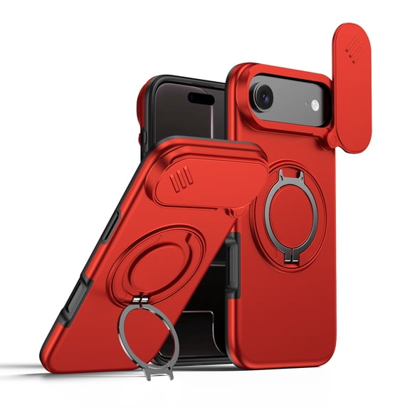 for iPhone Air Magnetic Phone Case with Sliding Camera Lens Cover, Stable 360° Rotation Ring Kickstand Durable Comfortable Grip Ultra Slim Shock-Resistant Protective Cover, Red