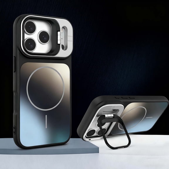 For iPhone Air Magnetic Phone Case,With Contractile Lens Ring Kickstand,Compatible with Mag-Safe,Glossy Ultra Slim Shockproof Anti-fall Rugged Drop Protection,Thin Fit Phone Case,Black