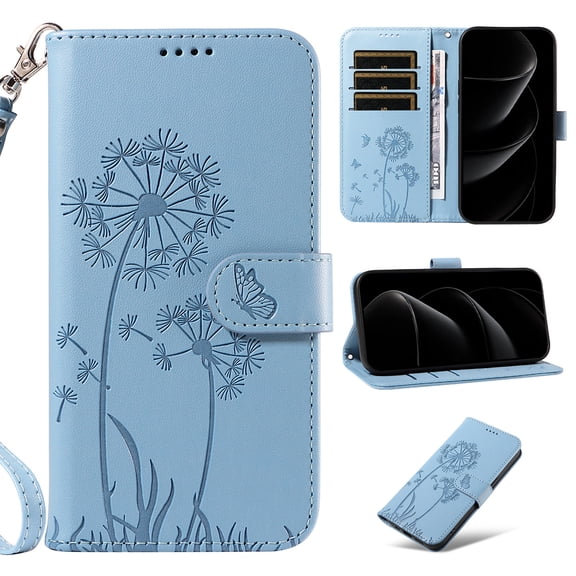 for iPhone Air Pattern Wallet Flip Case, Premium PU Leather Card Slots Full Body Protection Wrist Strap Kickstand Non-Slip Shockproof Magnetic Phone Case for iPhone Air, Skyblue