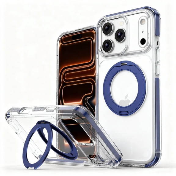 For iPhone Air Phone Case,360° Rotatable Contractile Ring Kickstand,Compatible with Mag-Safe,Crystal Transparent Back,Shokcproof Heavy Duty Anti-fall Drop Protection Phone Case,Darkblue