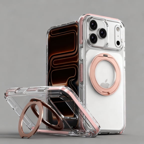 For iPhone Air Phone Case,360° Rotatable Contractile Ring Kickstand,Compatible with Mag-Safe,Crystal Transparent Back,Shokcproof Heavy Duty Anti-fall Drop Protection Phone Case,Pink