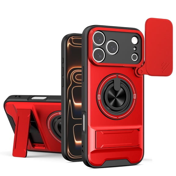 For iPhone Air Phone Case,Compatible with Mag-Safe,With 360° Rotatable Ring Holder,Invisible Kickstand,Camera Cover,Heavy Duty Shockproof Anti-fall Drop Protection,Rugged Phone Case,Red