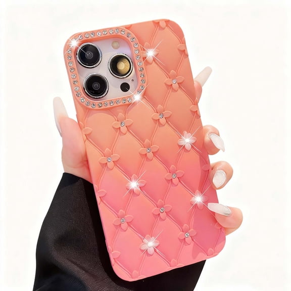 For iPhone Air Phone Case,Two-color Gradient Design,Bling Diamond Camera Ring,Argyle Pattern Back,Diamond Flower,Soft TPU Shockproof Anti-fall Drop Protection,Durable Phone Case,E
