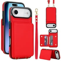 For iPhone Air Phone Case Wallet Card Holder,RFID Blocking PU Leather Back Magnetic Flip Kickstand Folio Case Wrist Lanyard & Crossbody Strap Protective Women Girls Cover,Red