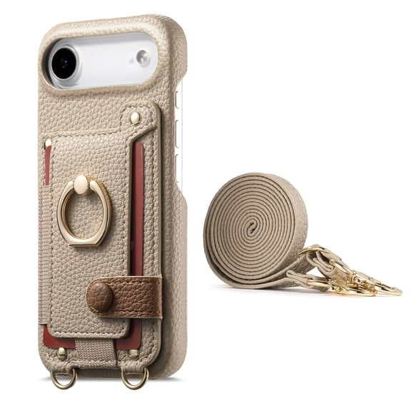 For iPhone Air Phone Case,With 360° Rotatable Ring Kickstand,Detachable Long Shoulder Strap,Card Slots,Shockproof Anti-fall PU Leather Anti-Scratch Back,Durable Wallet Phone Case,Khaki