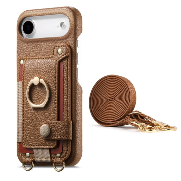 For iPhone Air Phone Case,With 360° Rotatable Ring Kickstand,Detachable Long Shoulder Strap,Card Slots,Shockproof Anti-fall PU Leather Anti-Scratch Back,Durable Wallet Phone Case,Brown