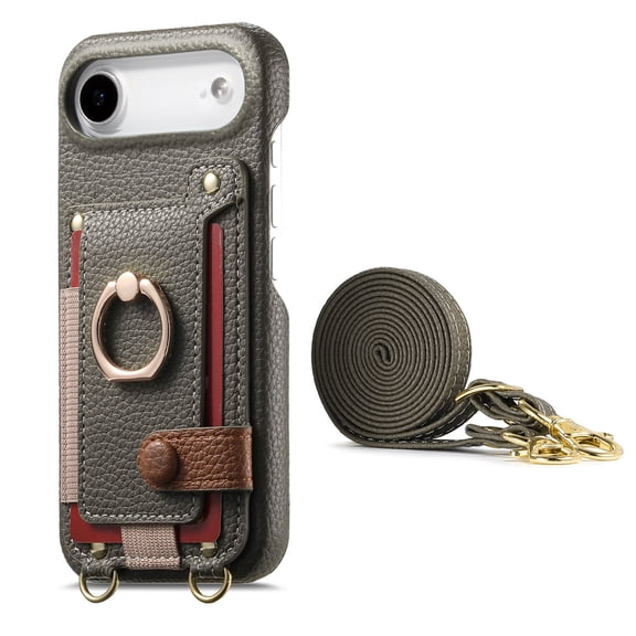 For iPhone Air Phone Case,With 360° Rotatable Ring Kickstand,Detachable Long Shoulder Strap,Card Slots,Shockproof Anti-fall PU Leather Anti-Scratch Back,Durable Wallet Phone Case,Gray
