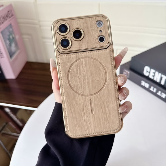 for iPhone Air Plating Case, Luxury Wood Grain PU Leather Magnetic Wireless Charging Ultra Slim Anti-Scratch Shockproof Anti-Fingerprint Lightweight PC Stylish Phone Case Cover, Gold