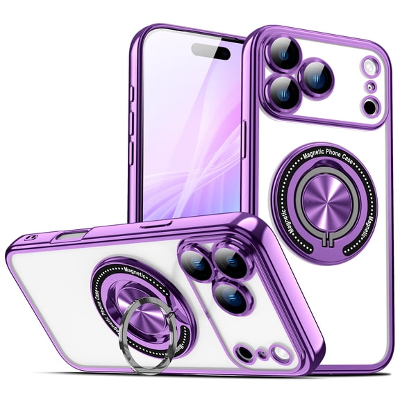 for iPhone Air Protective Clear Back Case with Built-in 360 Degree Rotating Grip Ring Kickstand, Shock-Absorbent TPU PC, Wireless Charging Compatible, Plating Magentic Anti-Scratch, Purple